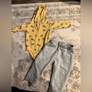Yellow Hooded Onesie and Gray Sweatpants Set